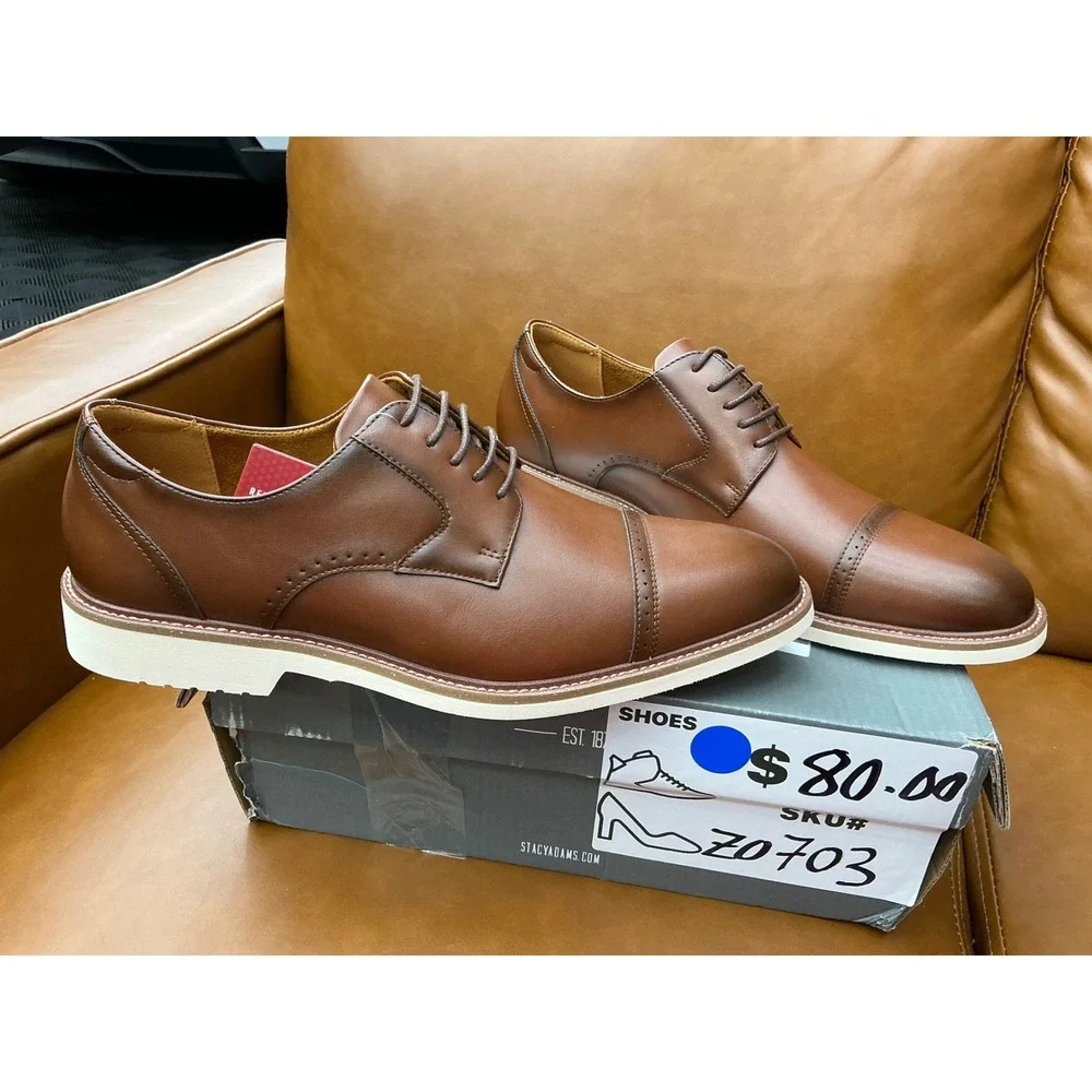 Stacy Adams Vogel Oxford Mens 10 M Cognac New Cap Toe Red Zone Comfort Insole